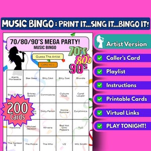 200 cartelas de bingo com música para festa dos anos 70/80/90 | Formato do artista | Jogo de festa para impressão em família | Download instantâneo | Jogo de bingo virtual | Décadas