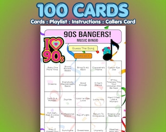 Tarjetas de Bingo Musical de los 90 – Éxitos de los 90 / 100 Tarjetas / Juego para Cenas / Adivina la Canción