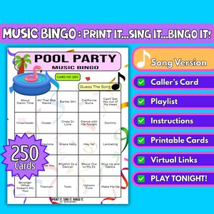 250-Karte Pool-Party-Lieder Musik Bingo | Druckbares Spiel für Community Festivals, Geburtstagskinder, Musik Camps | Sofortdownload | Song Format