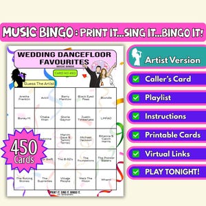 Bingo musical préféré de la piste de danse pour mariages (450 cartes) | Jeu à imprimer pour les mariages en festival, en ville ou lors d'une grande fête | Téléchargement instantané | Format d'artiste