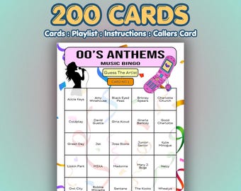 2000s Music Bingo Cards – 00s Anthems | 200 Cards | Fundraiser Game | Music Trivia Game