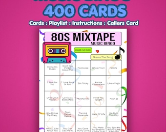 Bingokaarten met muziek uit de jaren 80 – Mixtape uit de jaren 80 | 400 kaarten | Baravondspel | Noem dat nummer