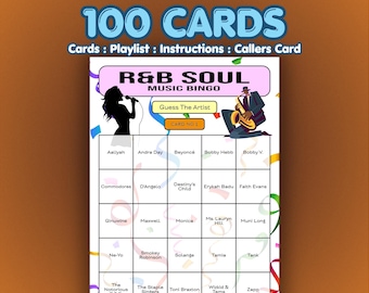 RnB Music Bingo Cards – R&B Soul | 100 Cards | Hen Party Game | Guess the Artist |