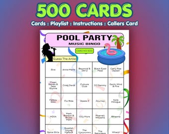 Bingo musical para fiestas en la piscina / 500 tarjetas / Juego para eventos benéficos / Adivina el artista