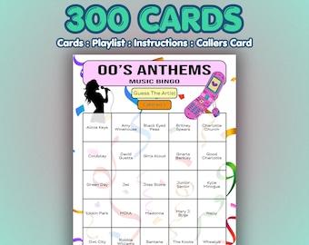 2000s Musik Bingo Karten – Hymnen | 300 Karten | Pop Party Spiel | Raten Sie den Künstler