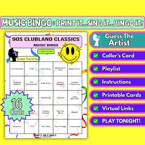 Clásicos de los 90 de 16 cartas / Bingo musical imprimible para despedidas de soltera, fiestas en casa y noches de chicas / Formato de artista / Descarga instantánea en PDF