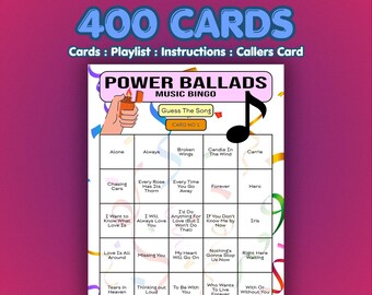 Power Ballads Music Bingo Cards | 400 Cards | Fundraiser Bingo | Song Quiz Game |