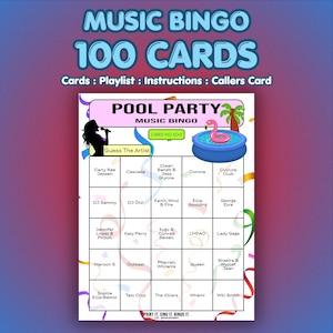 May include: A Music Bingo game card with a "Pool Party" theme. The card features a pink inflatable flamingo in a blue pool, with artist names in the bingo grid. The text "MUSIC BINGO 100 CARDS" is at the top.