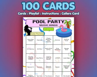 Bingo musical para fiestas en la piscina / 100 tarjetas / Juego para noches de chicas / Juego de preguntas sobre canciones