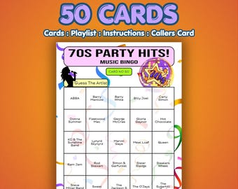 70s Music Bingo Cards – 1970s Party Hits | 50 Cards | Nostalgia Birthday Game | Name That Artist |