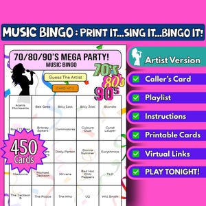 450 cartelas de bingo com música para festa dos anos 70/80/90 | Formato do artista | Jogo de festa para impressão em família | Download instantâneo | Jogo de bingo virtual | Décadas