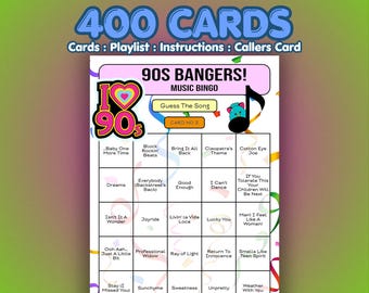 90s Music Bingo Cards – 1990s Bangers | 400 Cards | Event Night Game | Song Quiz Game