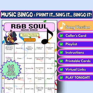 16-Card R&B Soul Music Bingo | Song Format | Printable Party Game | Instant Download | Girls Night, Hen Do, Virtual Bingo | 90s 00s Soul