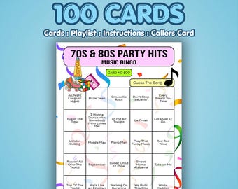 Tarjetas de Bingo Musical de los 70 y 80 – Éxitos de Fiesta de los 70 y 80 / 100 Tarjetas / Juego de Noche Retro / Adivina la Canción /