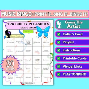 30-Card Y2K Guilty Pleasures Music Bingo | House party game, Student party game & Family reunion game | Artist Format | Instant Download PDF