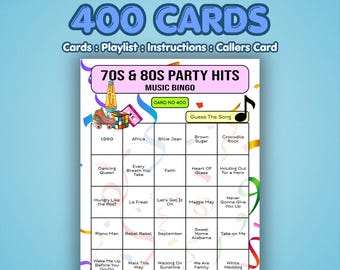 Tarjetas de bingo musical de los años 70 y 80: éxitos de fiesta de los años 70 y 80 / 400 tarjetas / Juego de bar / Adivina la canción /