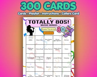 80s Music Bingo Cards – Totally 1980s | 300 Cards | Staff Party Game | Guess the Artist |
