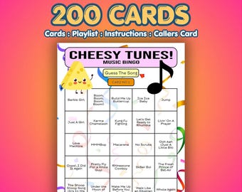 Cheesy Tunes Music Bingo Cards | 200 Cards | Charity Event Game | Song Quiz Game |