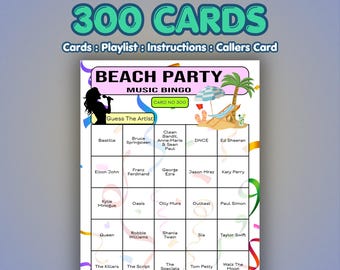 Beach Party Music Bingo Cards | 300 Cards | Office Party Game | Name That Song