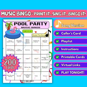 Bingo musicale con 200 carte per feste in piscina / Formato canzoni / Gioco stampabile per campi estivi, eventi aziendali, festival / Download immediato in PDF
