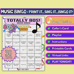 30 Karten Totally 80s Musik Bingo | Song-Format | Party Spiel zum Ausdrucken | Sofortdownload | Junggesellinnenabschied, Zoom-Spiel, Mädelsabend | 80er Pop Hits