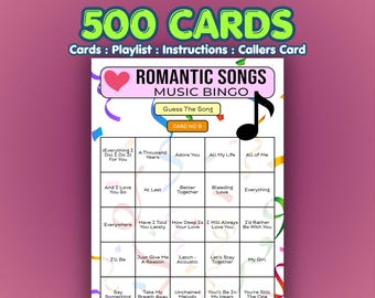 Romantic Songs Music Bingo Cards | 500 Cards | Ladies Night Game | Song Quiz