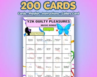 Tarjetas de bingo musical "Placeres culpables del año 2000" / 200 tarjetas / Juego para noche de chicas / Juego de preguntas y respuestas musicales / Lista de reproducción de Spotify incluida