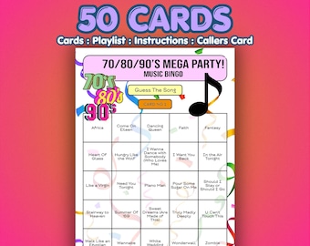 Tarjetas de Bingo Musical de los 70, 80 y 90 – Mega Fiesta de las Décadas / 50 Tarjetas / Juego para Despedida de Soltera / Adivina la Canción /