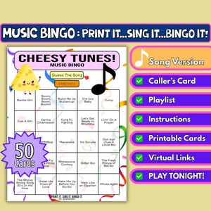50-Karten-Cheesy Tunes Musik Bingo | Song-Format | Party Spiel zum Ausdrucken | Sofortdownload | Junggesellinnenabschied, Zoom-Spiel, Mädelsabend | Pop Hymnen