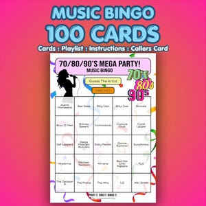 70s 80s 90s Music Bingo Cards – Decades Mega Party | 100 Cards | Dinner Party Game | Guess the Artist | image 1