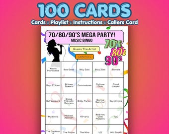 Cartelle del Bingo Musicale Anni '70, '80 e '90 – Mega Festa dei Decenni / 100 Cartelle / Gioco per Cena / Indovina l'Artista /