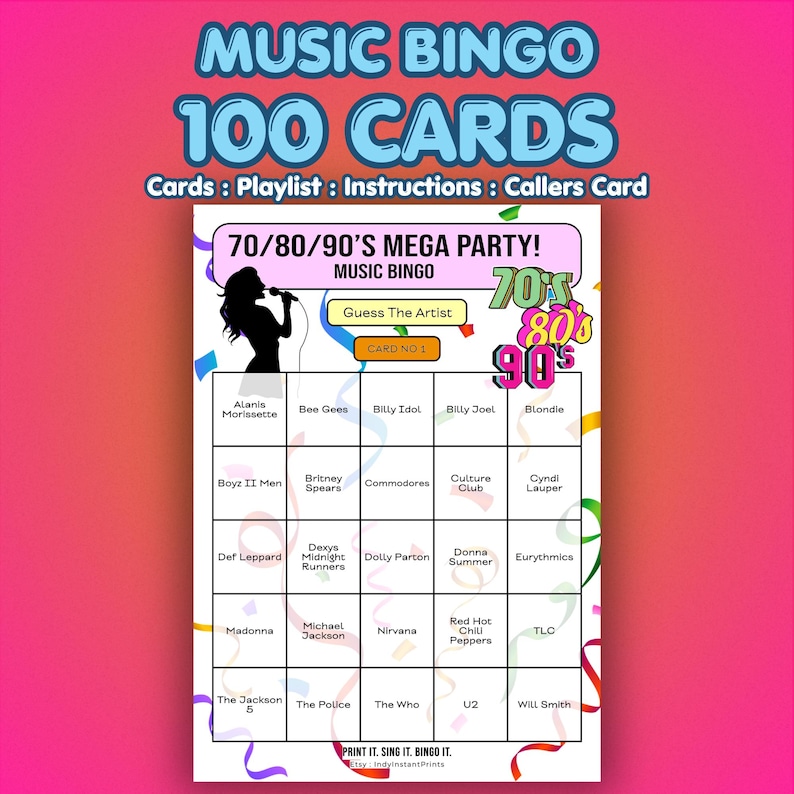 70s 80s 90s Music Bingo Cards – Decades Mega Party | 100 Cards | Dinner Party Game | Guess the Artist | image 1