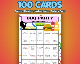 BBQ Party Music Bingo Cards | 100 Cards | Dinner Party Game | Name That Artist |
