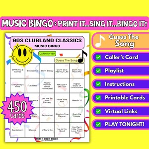 Juego de bingo musical imprimible de 450 cartas con clásicos de los 90 para fiestas de club, noches de bingo con DJ, carpas de festivales y fiestas estudiantiles. Formato de canciones: PDF instantáneo.