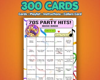70s Music Bingo Cards – 1970s Party Hits | 300 Cards | Family Reunion Game | Name That Song | Spotify Playlist Included