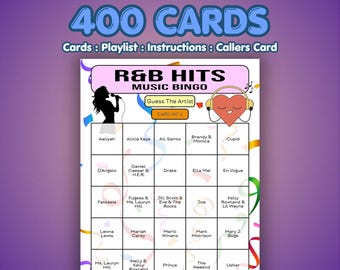 Bingo de éxitos de R&B de 400 tarjetas / Formato de artista / Organiza una recaudación de fondos, una fiesta de oficina o un evento escolar con este juego instantáneo / Descárgalo ahora