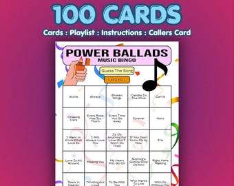 Power Ballads Music Bingo Cards | 100 Cards | House Party Game | Guess the Song |