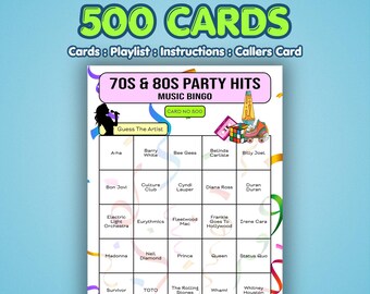 70s and 80s Music Bingo Cards – 1970s & 1980s Party Hits | 500 Cards | Fundraiser Game | Music Trivia Game
