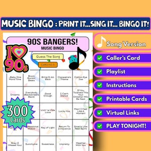 300-card 90s Bangers music bingo | Guess The Song | Printable partygame | Instant download 1990s themed game for university fresher week!