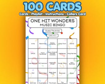 Karty do gry w bingo muzyczne One Hit Wonders | 100 kart | Gra na wieczór panieński | Wymień artystę