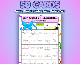 Tarjetas de bingo musical "Placeres culpables del año 2000" / 50 tarjetas / Juego para despedidas de soltera / Adivina la canción / Lista de reproducción de Spotify incluida