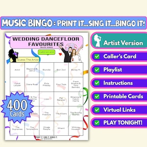 Bingo musical préféré de la piste de danse pour mariage de 400 cartes | à imprimer pour les grandes fêtes, les mariages en ville ou dans un festival | Téléchargement instantané | Format d'artiste