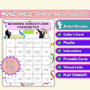 Bingo musical de 30 cartas con los favoritos de la pista de baile para bodas / Formato de artista / Juego imprimible para fines de semana de bodas y cenas de ensayo / Descarga instantánea