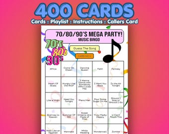 70年代、80年代、90年代の音楽ビンゴカード – 年代別メガパーティー | カード400枚 | 企業イベントゲーム | 曲当てクイズ |