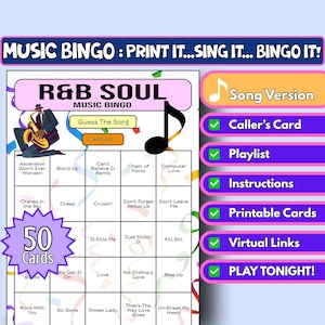 50-Card R&B Soul Music Bingo | Song Format | Printable Party Game | Instant Download | Girls Night, Hen Do, Virtual Bingo | 90s 00s Soul