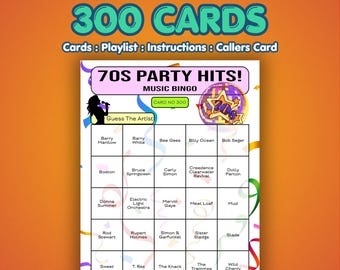 70s Music Bingo Cards – 1970s Party Hits | 300 Cards | Retro Night Game | Name That Artist |