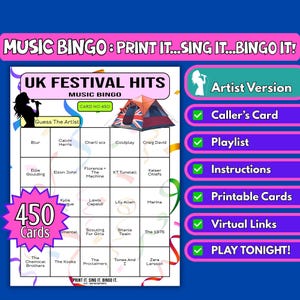 Cartelle da bingo con 450 carte dei successi musicali dei festival del Regno Unito / Gioco stampabile per tendoni di festival, serate di beneficenza, quiz al pub / Download immediato / Formato artista