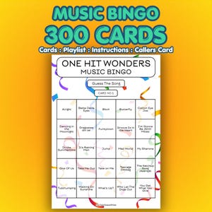 May include: A Music Bingo game card with the text "Music Bingo 300 Cards". The card features a grid with song titles like "Alright" and "Dancing in the Moonlight". The game is titled "One Hit Wonders Music Bingo".