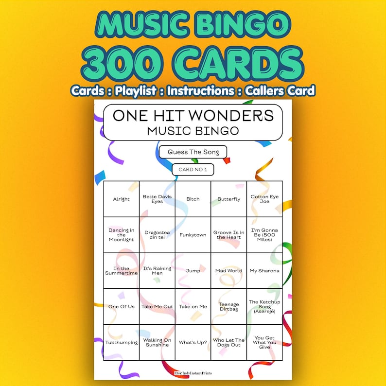May include: A Music Bingo game card with the text "Music Bingo 300 Cards". The card features a grid with song titles like "Alright" and "Dancing in the Moonlight". The game is titled "One Hit Wonders Music Bingo".