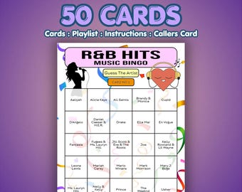 Juego de bingo musical de 50 tarjetas con éxitos de R&B - Adivina el artista - Juego de fiesta de R&B